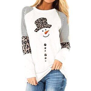 Cute Graphic Long Sleeve Christmas Snowman Leopard Striped T-Shirt Women